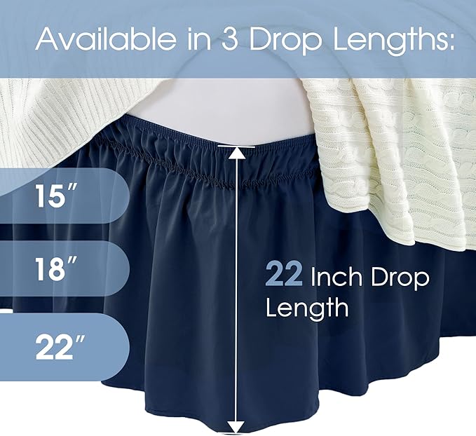 FreshCulture Queen Bed Skirt, Elastic Wrap Around Bed Skirt Queen Size, Bed Skirts for Adjustable Bed, Easy Fit with 22 Inch Drop Length, Hotel Quality Dust Ruffle for Queen Bed (Navy Blue)