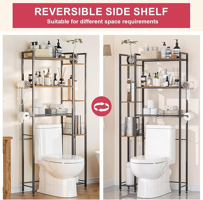 31.5" Wide Over Toilet Bathroom Organizer, Solid Wood Over The Toilet Storage With Paper Holder, Hooks, Side Shelf, Freestanding Bathroom Shelves Over Toilet for Laundry Room, Dorm Room, Balcony
