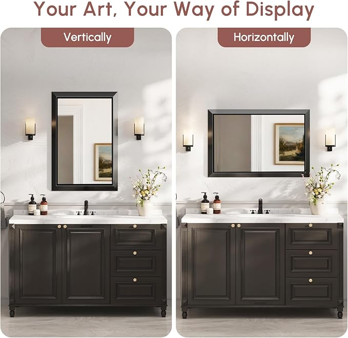 USHOWER Black Bathroom Mirrors for Over Sink, 24x36 Inch Beveled Rectangular Bathroom Vanity Mirror, Brushed Thick Aluminum Framed, Anti-Rust, 4mm Copper-Free Silver Wall Mirror
