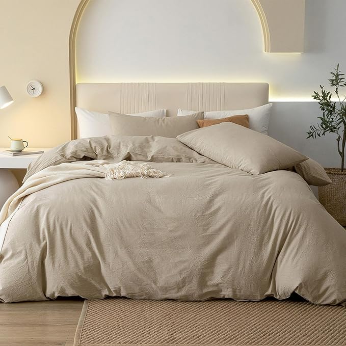 JIYUAN 100% Washed Cotton Duvet Cover Set 3 Pieces Full, 1 Duvet Cover 80x90 Inches(Comforter Not Included) and 2 Pillowcases,Linen Feel Bedding Set Comfy and Breathable, Heathered Tan