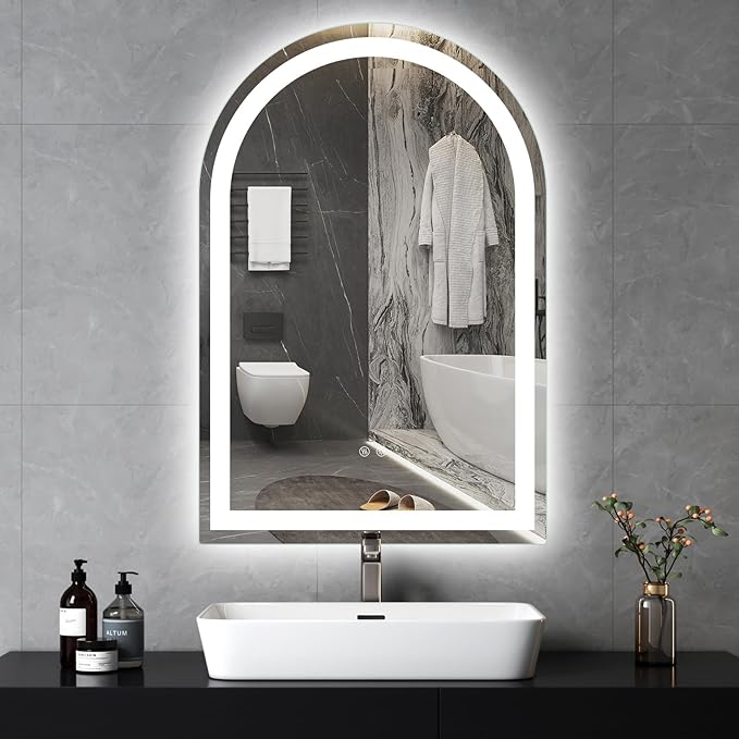 Niccy Arched LED Bathroom Mirror, 39x26 Arch Wall Mounted Frameless Bathroom Mirror for Vanity, Smart Lighted Frontlit Mirrors with Memory Function for Bathroom Bedroom Beauty Hair Salon