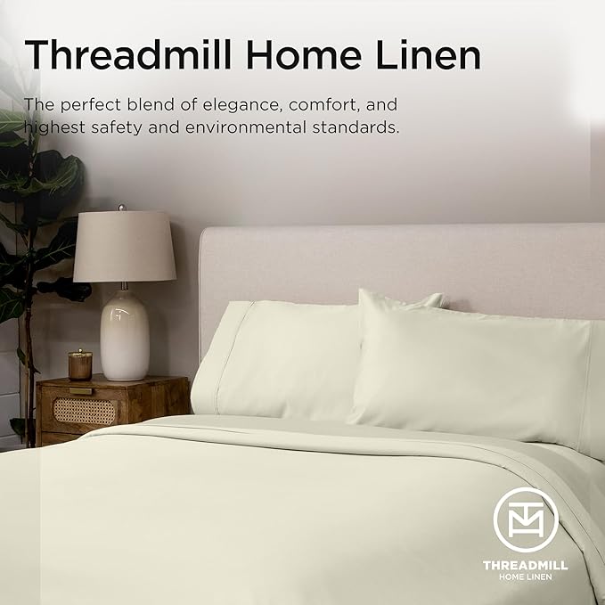 Threadmill Certified 100% American Supima Cotton Sheets, California King Sheet, 1000 Thread Count Hotel Quality Sateen Weave, 4 Pc Luxury Bed Sheet Set, Ivory Sheets with Elasticized Deep Pocket