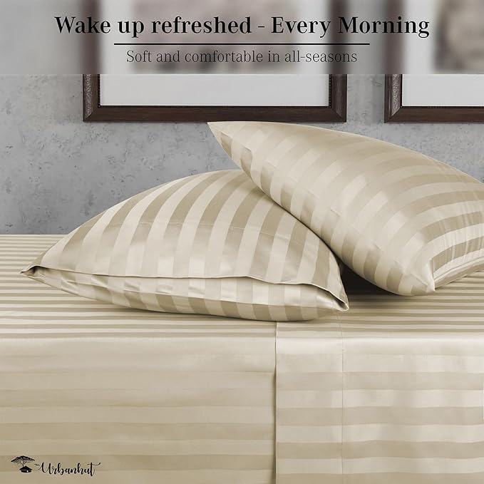 URBANHUT 1000 Thread Count Damask Striped Twin Size Egyptian Cotton Sheets, Long Staple Soft & Breathable, 4 Pc Bed Sheet Sets, Luxury Hotel Sateen Sheets Fits 16" Deep Pocket - Ivory