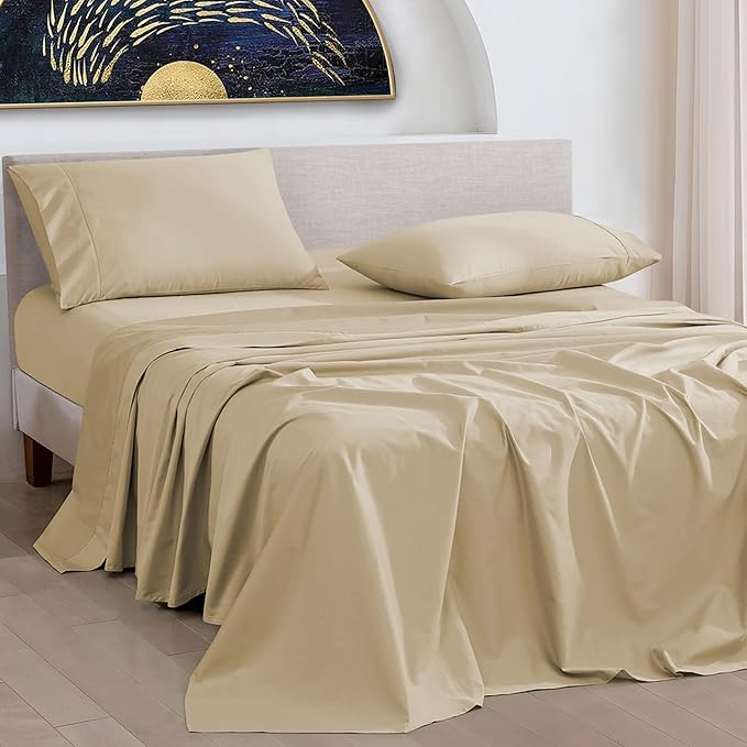 URBANHUT 1000 Thread Count Full Size Egyptian Cotton Sheets, Long Staple Soft & Breathable, 4 Pc Bed Sheet Sets, Luxury Hotel Sateen Sheets Fits 16" Deep Pocket - Sand