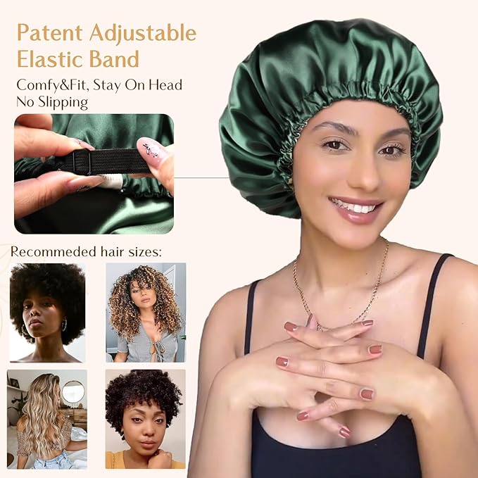 YANIBEST Adjustable Silk Bonnet Double Layer Satin Bonnet Hair Bonnet for Sleeping Bonnets for Women Hats Curly Natural Hair, Green