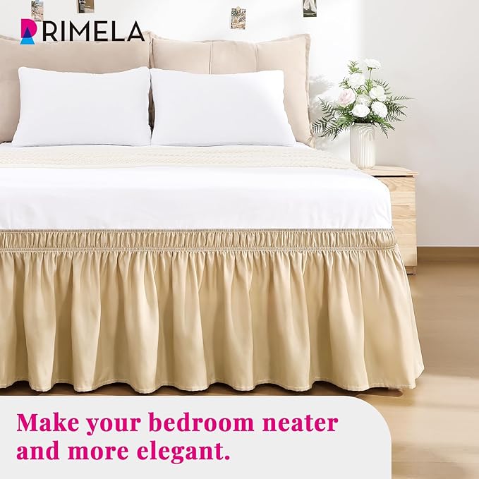 RIMELA Beige Bed Skirt King Size 15 Inch Drop, Wrap Around Elastic Bedskirt, Dust Ruffle for Adjustable Bed Base Machine Washable Easy to Install Bed Skirts
