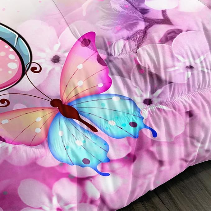 Cartoon Axolotl Comforter Kids Bedding Set,Axolotl Flower Butterfly Bedding Queen Size for Boys Girls Room Kawaii Decor,Pink Toddler Comforter Sets with 2 Pillowcases.