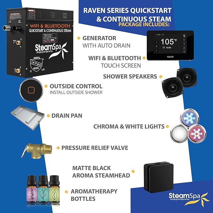 SteamSpa Steam System 4.5kW Steam Shower Generator with Bluetooth Wifi, Quickstart Continous Steam, Advanced Touch Pad Screen, Chroma Lights, Drain Pan and Auto Drain Black RVBS450BK-A