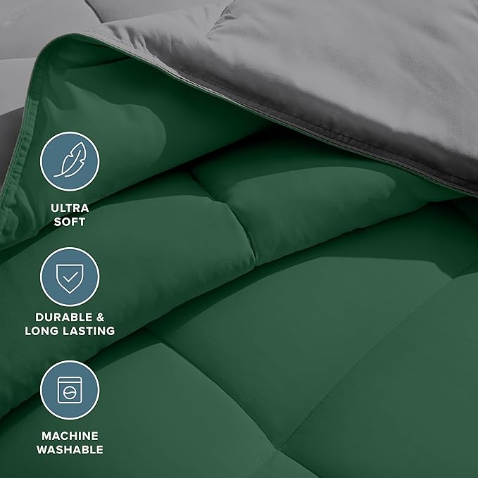 Bare Home Twin/Twin Extra Long Comforter - Reversible Colors - Goose Down Alternative - Ultra-Soft - Premium 1800 Series - All Season Warmth - Bedding Comforter (Twin/Twin XL, Grey/Forest Green)
