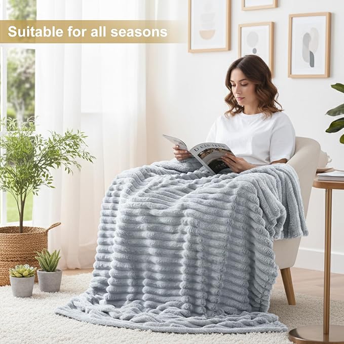 decorUhome Christmas Soft Fleece Light Grey Twin Blanket for Bed, Cozy Fluffy Plush Flannel Striped Throws for Couch Sofa, Lightweight Decorative Ribbed Fuzzy Blanket for Woman, 60x80 Inches