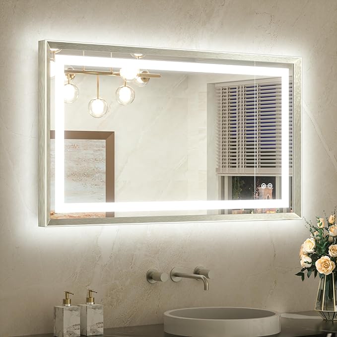 TETOTE 40 x 24 Led Mirror Brushed Bright Nickel Metal Frame Frontlit & Backlit Vanity Mirror Anti-Fog Stepless Dimmable 3 Colors White/Warm/Natural Wall Mirror with Lights Wall-Mounted