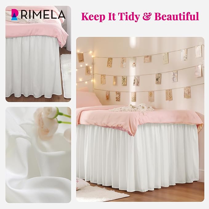 RIMELA Dorm Bed Skirt Twin XL 42 Inch Drop, Easy to Install Extra Long Wrap Around Elastic Dust Ruffle, Warm White Bedskirt Solid Silky Fabric Machine Washable (Twin XL 80“L x 39”W & Twin 75“L x 39”W)