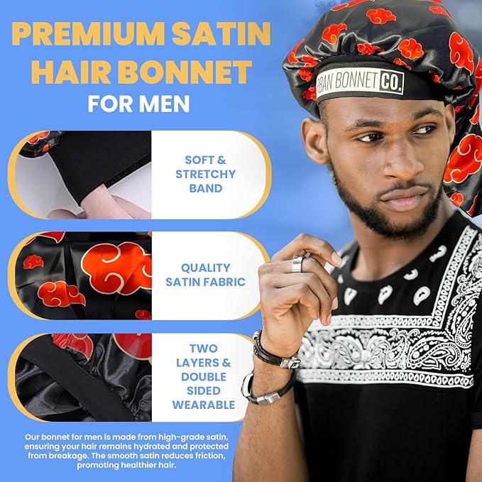 Premium Non Slip Hair Bonnet for Men Satin Curly & Dreadlocks Wrap Silk Double Layer Sleeping & Shower Cap Anime Soft Band (Gold Stars)