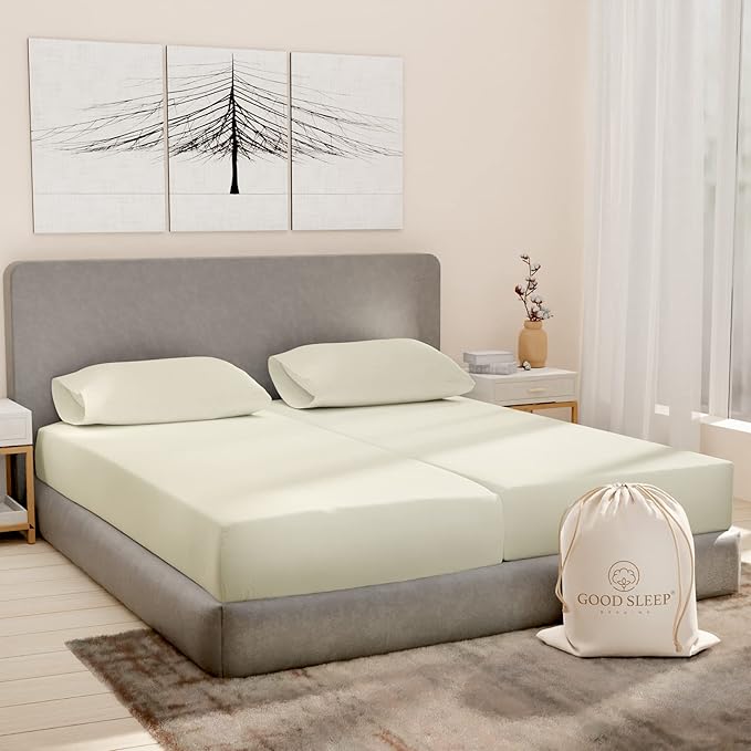 Good Sleep Bedding Split King Sheets Sets for Adjustable Bed Cotton, Luxury Sheets, Egyptian Cotton, 5 Piece Cotton Split King Sheet Set, Sateen Sheets, 2 Fitted - 16" Deep Pocket, Ivory