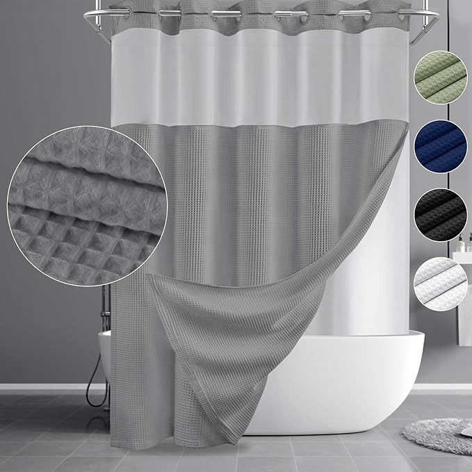 YellyHommy No Hook Shower Curtain and Liner Set Less Time Dark Grey Waffle Cotton Hotel Shower Curtain with Snap in Liner 72" Wx 75" L