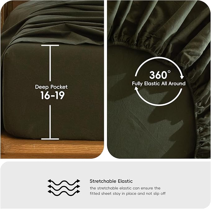 MooMee Bedding Sheet Set 100% Washed Cotton Linen Like Textured Breathable Durable Soft Comfy (Solid Olive Green, Full)