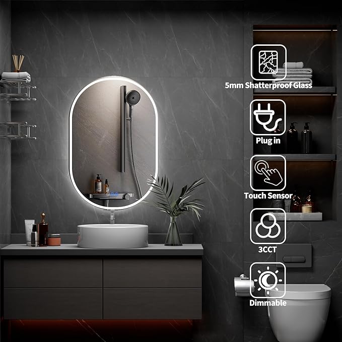 Bathroom Mirror 28"x48" LED Bathroom Mirror with Lights, Anti-Fog, Dimmable Oval Mirrors with Front Light and Backlit, Modern Farmhouse Wall Mounted Mirror for Decorative
