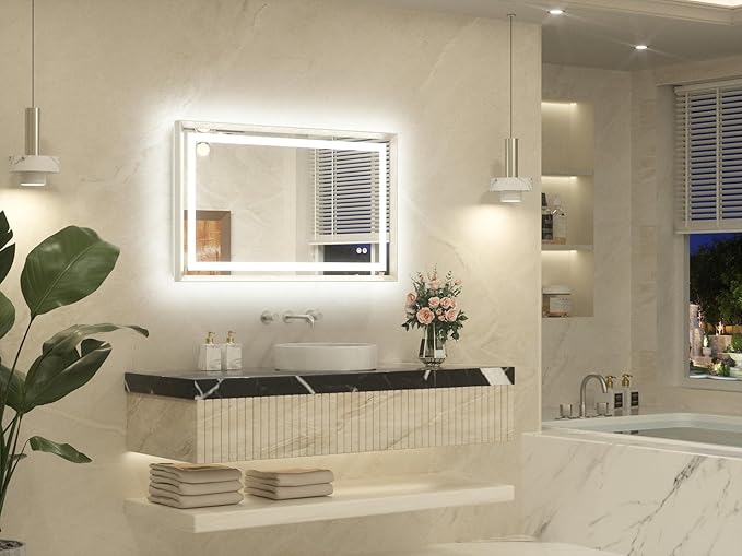 TETOTE 40 x 24 Led Mirror Brushed Nickel Metal Frame Frontlit & Backlit Vanity Mirror Anti-Fog Stepless Dimmable 3 Colors White/Warm/Natural Wall Mirror with Lights Wall-Mounted