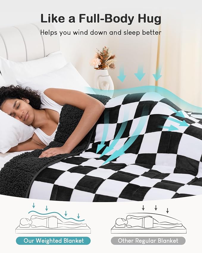 Weighted Blanket for Adults, 12lbs Sherpa Flannel Weighted Blanket Queen Size, Soft Fluffy Fleece Checkerboard Weighted Blankets for Calming and Relax, Plaid Black, 60" x 80"
