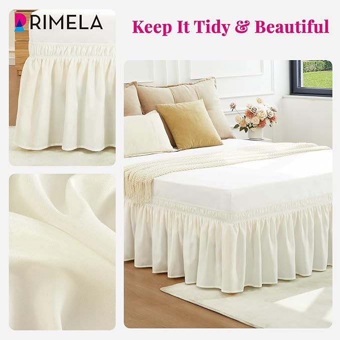 RIMELA Ivory White Bed Skirt King Size 12 Inch Drop, Wrap Around Elastic Adjustable Bedskirt, Soft Durable Fabric Machine Washable Easy to Install Bed skirting Dust Ruffle for Bed Frame & Box Spring