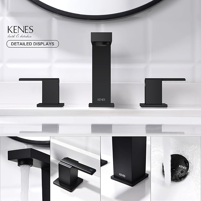 KENES Black Widespread Bathroom Faucet 3 Hole Bathroom Sink Faucet Matte Black Two Handle, 8-Inch 3 Pieces Bathroom Vanity Faucet with Pop Up Drain & Supply Lines, KE-9050-2-P