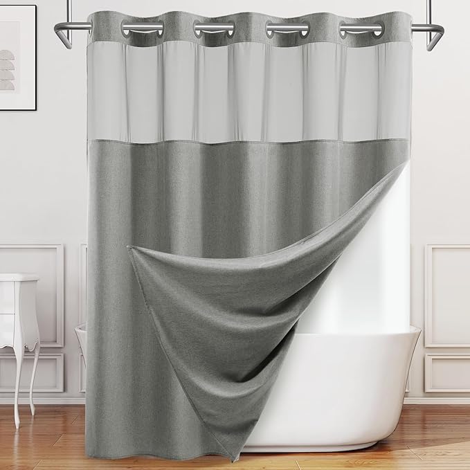 No Hook Gray Shower Curtain, Linen-Look Polyester Textured Shower Curtain with Snap in Liner, Waterproof & Washable Bath Curtains for Bathroom, 71Wx74H