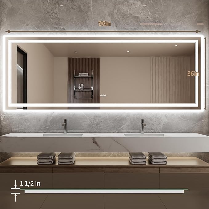 Bathroom Mirror with Lights 36"X96" with Front Light and Backlit, Tempered Glass, Wall Mount Horizontal/Vertical, Stepless Dimmable, 3 Colors, Anti Fog, Bathroom Memory LED Mirror