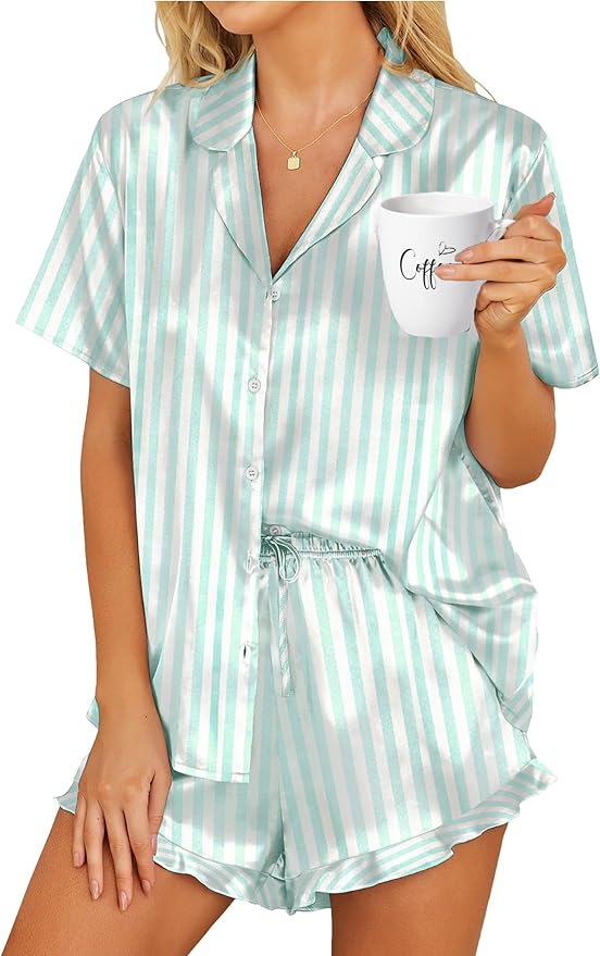 HOTOUCH Womens Satin Pajamas Set Button Down 2 Piece Silk Pjs Shorts Set Ruffle Lingerie Notch Collar Sleepwear
