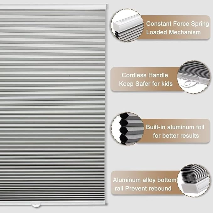 MYshade 1.5-Inch Cellular Cordless Blackout Shades,Thermal Insulating Noise Reducing Waterproof Blinds,Honeycomb Window Treatments for Indoor Light Control (Grey-32 W x 64" H)