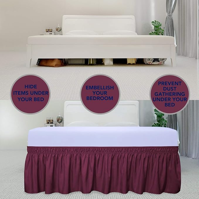 PureFit Wrap Around Ruffled Bed Skirt with Adjustable Elastic Belt - 14 Inch Drop Easy to Put On, Wrinkle Free Bedskirt Dust Ruffles, Bed Frame Cover for Twin,Twin XL and Full Size Beds, Wine