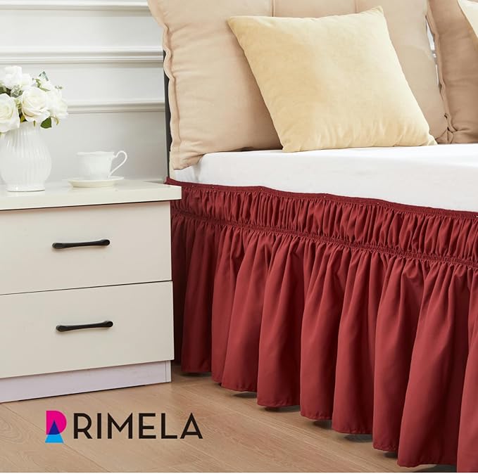 RIMELA Wine Red Bed Skirt King Size 15 Inch Drop, Elastic Bed Skirting for Bed Base and Frame, Bedding Dust Ruffle, Lightweight Wrap Around Adjustable Bedskirt, Cal King