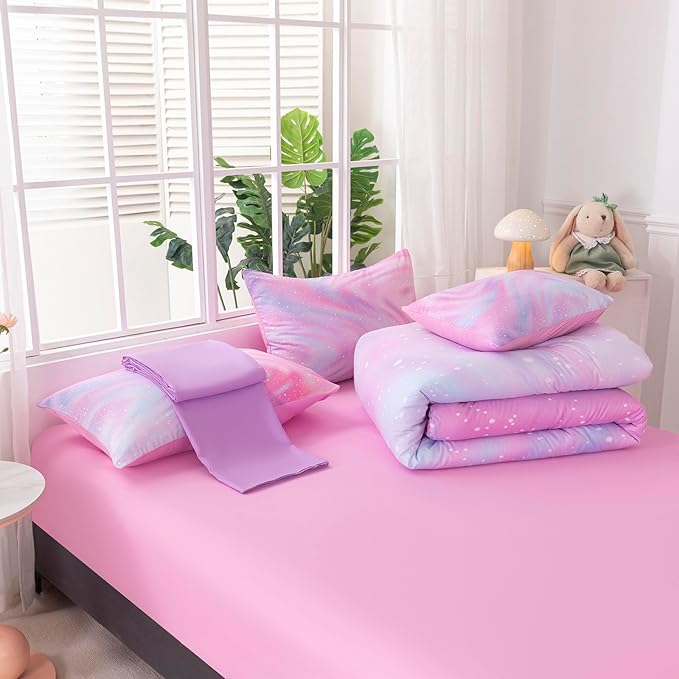 6Pcs Girls Twin Bedding Set with Sheets, Pink Bedding Sets, Bed in A Bag Kids Bedding Set for Girls Twin (1 Comforter, 1 Flat Sheet, 1 Fitted Sheet, 1 Cushion Cover, 2 Pillowcases)