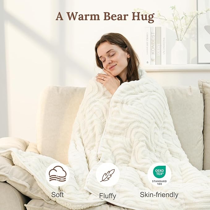 Sherpa Fleece Adult Weighted Blanket Great for Sleep, 15 lbs Dual Sided Soft Fuzzy Heavy Blankets for Couch Bed Sofa, Cozy Warm Arched Jacquard Throw for Winter (Cream White, 48" x 72", 15 Pounds)