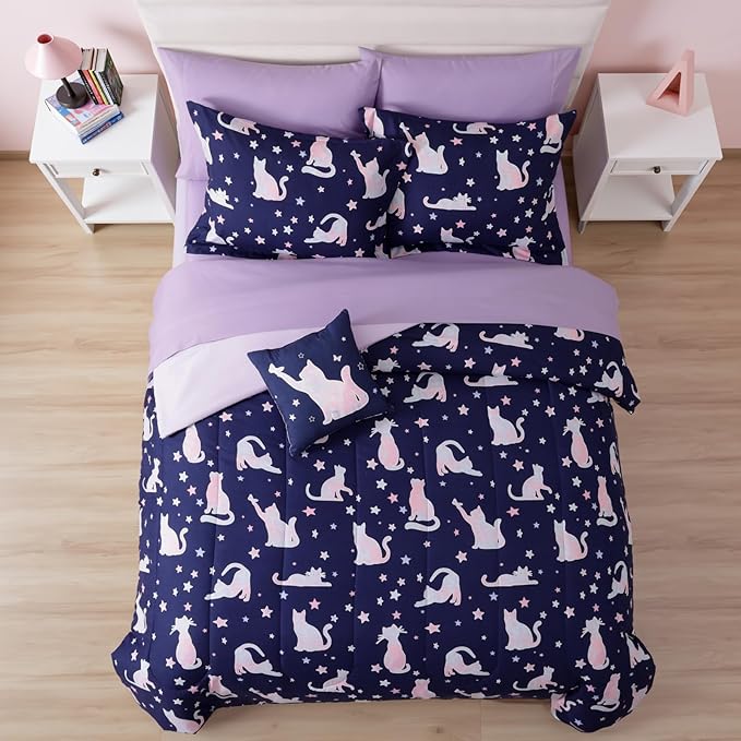 Twin Comforter Set for Girls -3 Pieces Cute Cat Twin XL Bedding Set with 1 Comforter, 1 Decor Pillow, 1 Pillow Sham