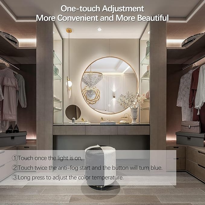Niccy 30" LED Backlit Round Mirror for Bathroom, Gold Framed Vanity Light Wall Mirror LED Smart Circle Mirrors with 3 Lighting Colors, Dimmable Lighted Mirror with Anti-Fog, IP65 Waterproof