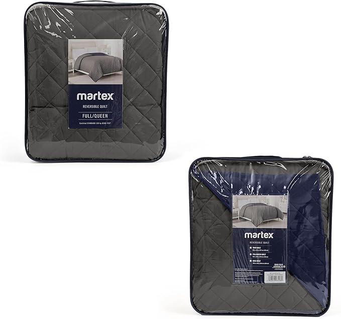 Martex Reversible Coverlet – Full Queen Size Quilt - Lightweight Quilt Full Size Bedding– Durable Queen Size Coverlet for Bed – Soft - Easy Care Bedding – Graphite/Navy