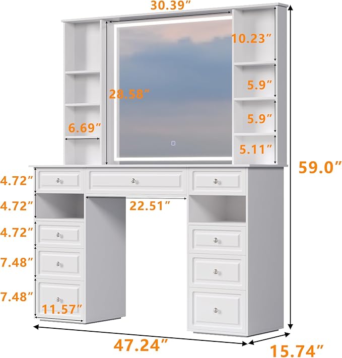 Makeup Vanity Desk with Mirror and Lights, 47" Large Vanity Table with 9 Drawers & 10 Open Storage Shelves, Brightness Adjustable, Dressing Table for Bedroom, Women Girl (White, A Panel)