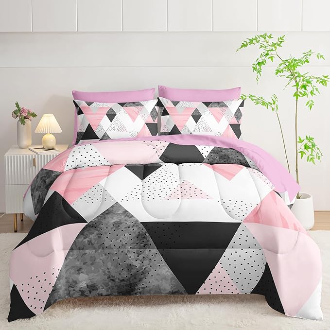 Twin Size Comforter Set - 7 Piece Pink & Gray Triangle Geometric Bedding, Ultra Soft Microfiber, Modern Aesthetic, All Season