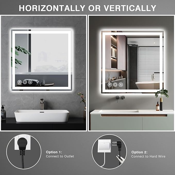 LED Bathroom Mirror 24"x 24" with Frontlit and Backlit, Anti-Fog Bathroom Vanity Mirror,Stepless 3 Colors Temperature & Dimmable Wall Mounted Mirror,Memory Tempered Glass Mirror for Bathroom