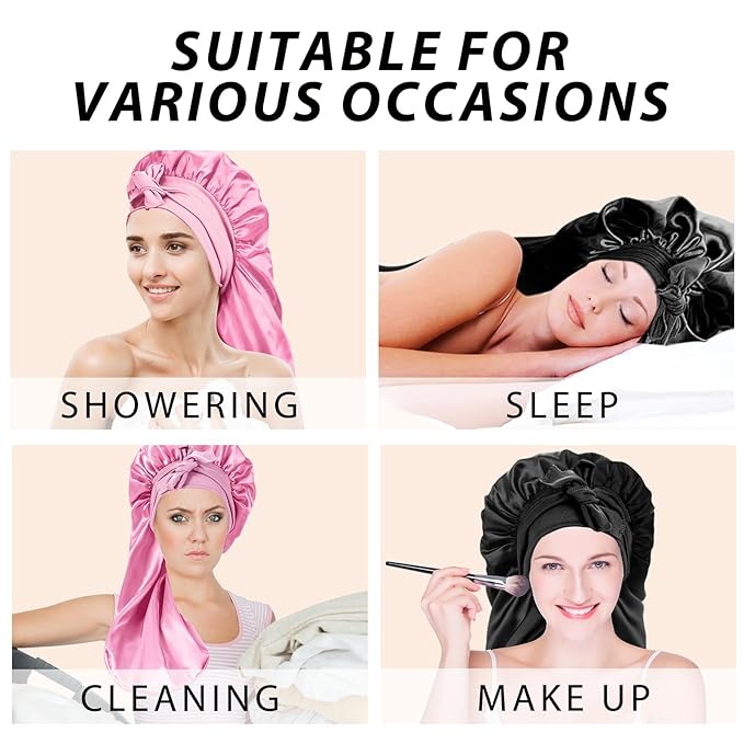 2Pcs Bonnets for Black Women Braid Bonnet, Large Long Satin Bonnet for Braids, Silk Bonnet with Stretchy Tie Band Sleep Cap Hair (2Pcs-Black&Pink)