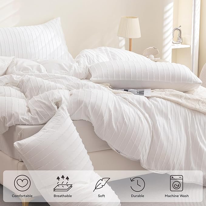 JELLYMONI Bright White Duvet Cover Full Size - 3PCS Microfiber Tufted Duvet Cover Set, Boho Striped Tufted Textured Duvet Cover with Corner Ties & Zipper Closure