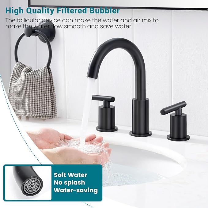 Matte Black Bathroom Faucet 3 Hole, 8 Inch Widespread with Pop-up Drain, 2 Handle Bathroom Sink Faucet, Modern Vanity Faucet for Bathroom Sink with 360° Swivel Spout