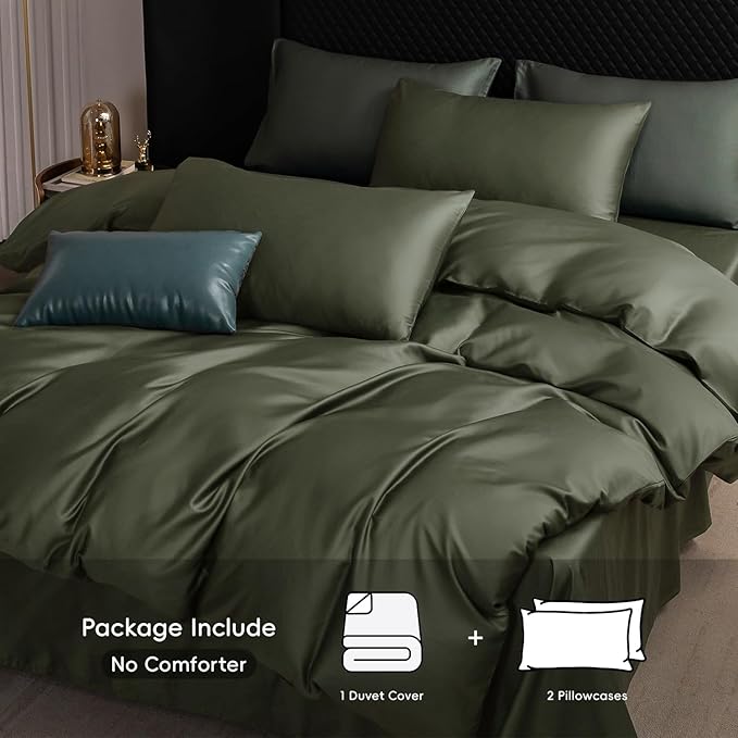 MooMee Duvet Cover Set 100% Extra Long Staple Cotton 600 Thread Count Silky Sateen Smooth Luxury Soft Breathable Durable Hotel Quality Bedding, 3 Pieces (Olive Green, Queen 90"x90")