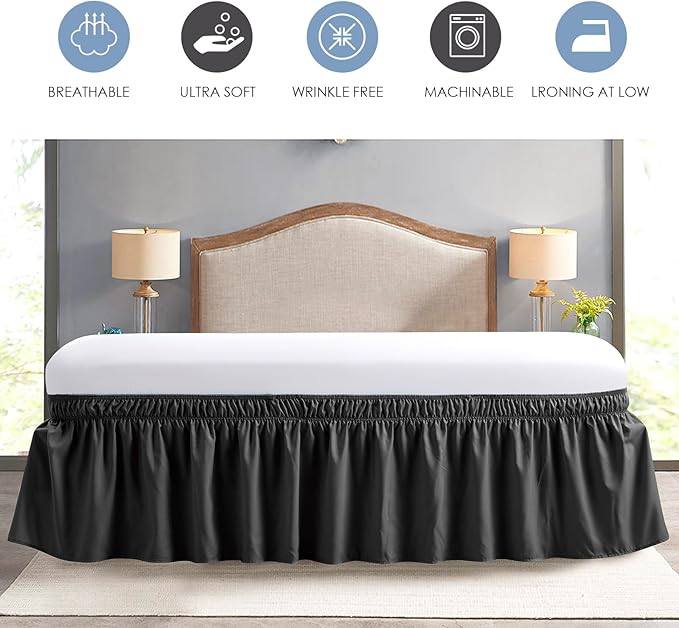 FreshCulture Twin Bed Skirt, Elastic Wrap Around Bed Skirt Twin Size, Bed Skirts for Adjustable Bed, Easy Fit with 22 Inch Drop Length, Hotel Quality Dust Ruffle for Twin Bed (Black)