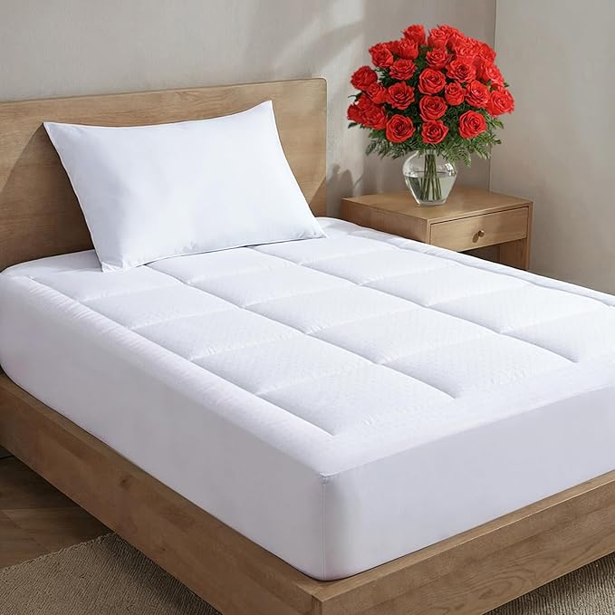 Mattress Pad Twin Size – Quilted Fitted Mattress Protector – Cotton Pillow Top Cover w/ 8-16" Deep Pockets – Thick, Comfy & Plush – Cooling, Breathable & Noiseless – Machine Washable – 39 x 75 (White)