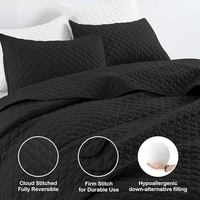 HORIMOTE HOME Quilt Set Queen Size, Black Bedspread with Clouds Pattern, Soft Coverlet Set Lightweight Microfiber Quilted Bedspread for All Season, Includes 1 Quilt and 2 Pillow Shams