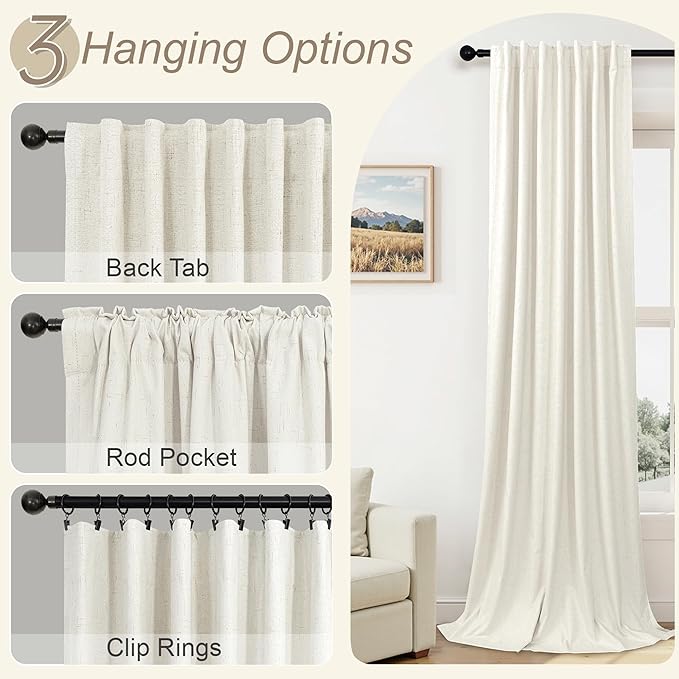 Extra Wide 70 Inch Blackout Curtains & Drapes 108 Inch Long 2 Panel for Sliding Glass Doors Modern Farmhouse Linen Blend Heavy Floor to Ceiling Large Window Bedroom Drape 70x108 Length Cream Off White