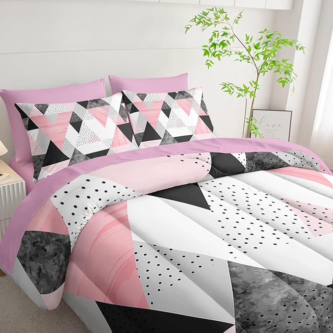 Queen Size Comforter Set - 7 Piece Pink & Gray Triangle Geometric Bedding, Ultra Soft Microfiber, Modern Aesthetic, All Season