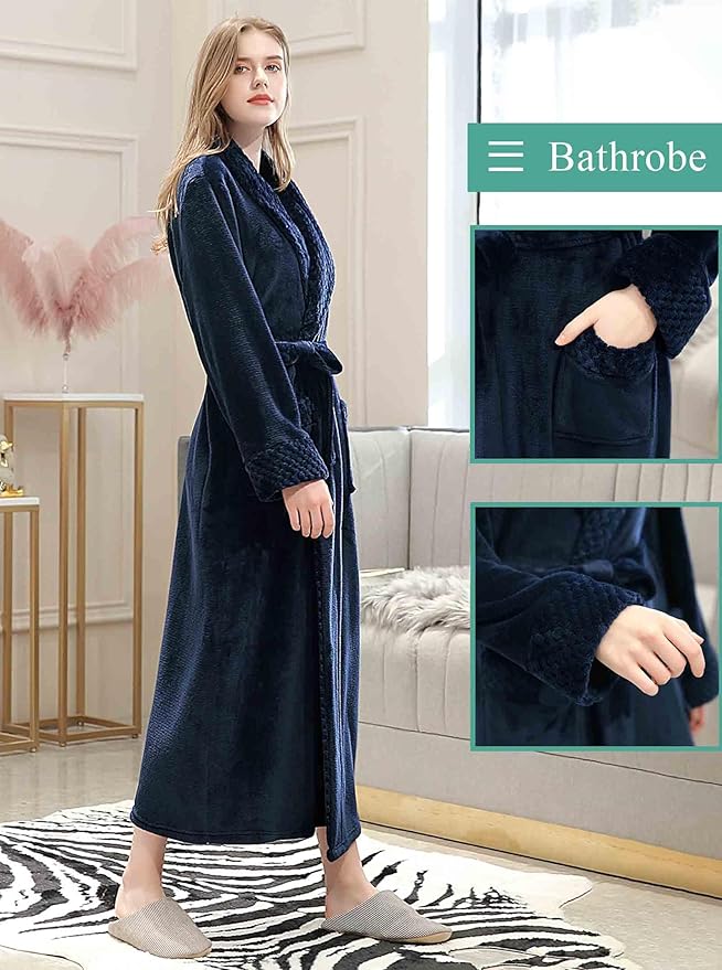 Artfasion Womens Long Fleece Robe - Warm Soft Floor Length Flannel Bathrobes for Winter Thicker Long House Coat with Pockets