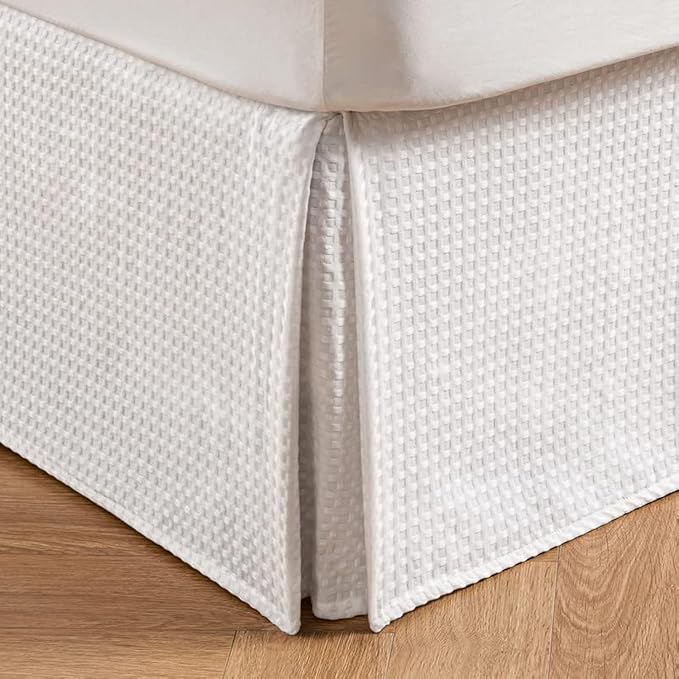 MIYE Pleated Waffle Weave Bed Skirt, Tailored Dust Ruffle 18 Inch Drop Easy Fit, Machine Washable (White, King - 18" Drop)